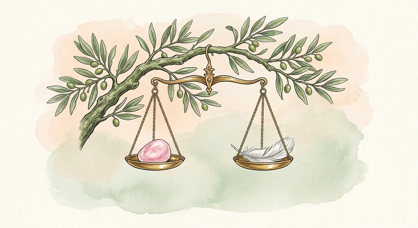 A botanical illustration of a balanced brass scale on an olive branch, holding a pink quartz stone and a white feather.