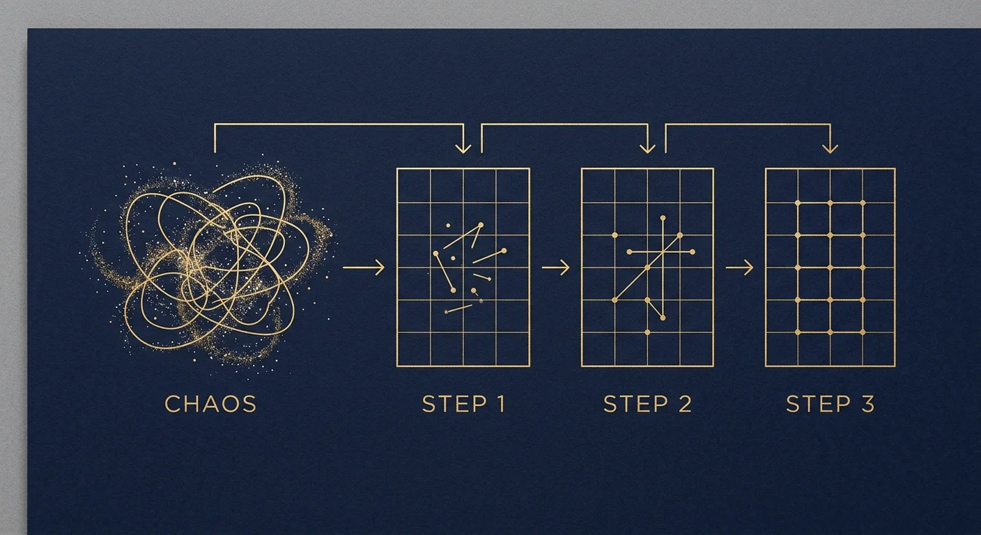 A celestial diagram on navy paper showing golden lines organizing chaos into three clear, numbered geometric steps.