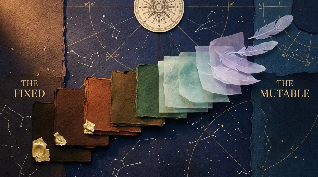 A celestial mixed media collage showing a spectrum of zodiac signs, from heavy stone-textured layers to light, floating paper shapes.