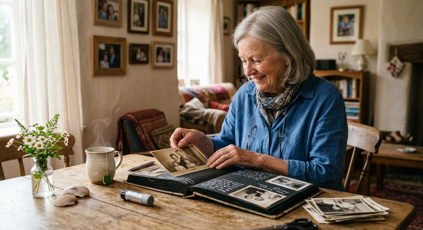 A close-up of an older woman's hands assembling a family photo scrapbook at a warm wooden table.