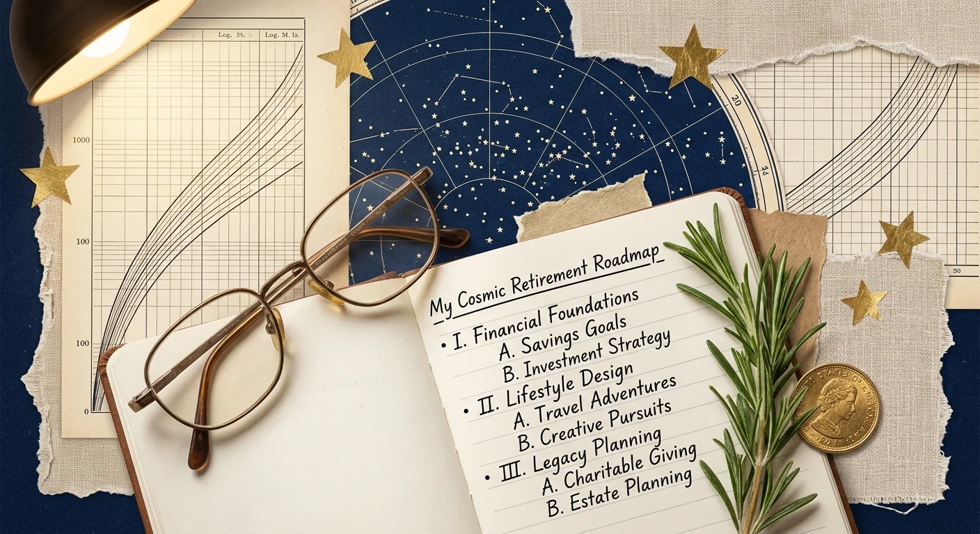 A collage showing a starry map, a financial ledger, a notebook titled 'My Cosmic Retirement Roadmap', and reading glasses.