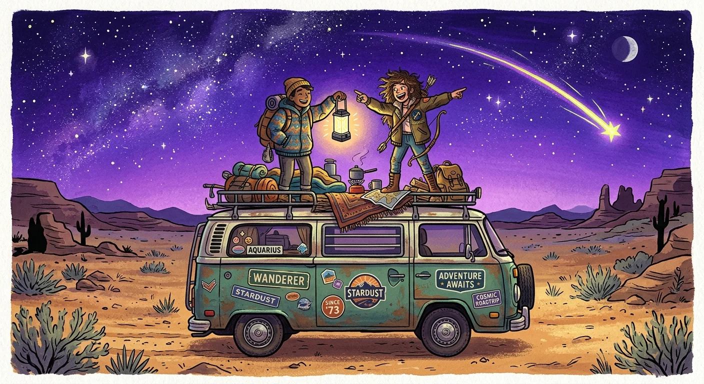 A colorful gouache illustration of two friends stargazing from the roof of a vintage van in the desert.
