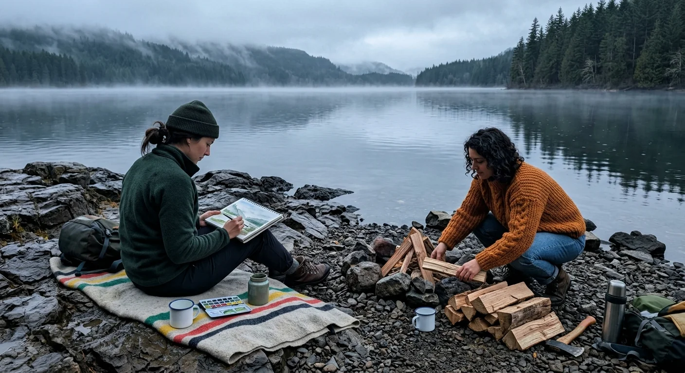 A cool, misty outdoor photograph of one friend painting watercolor and another arranging campfire wood by a lake.