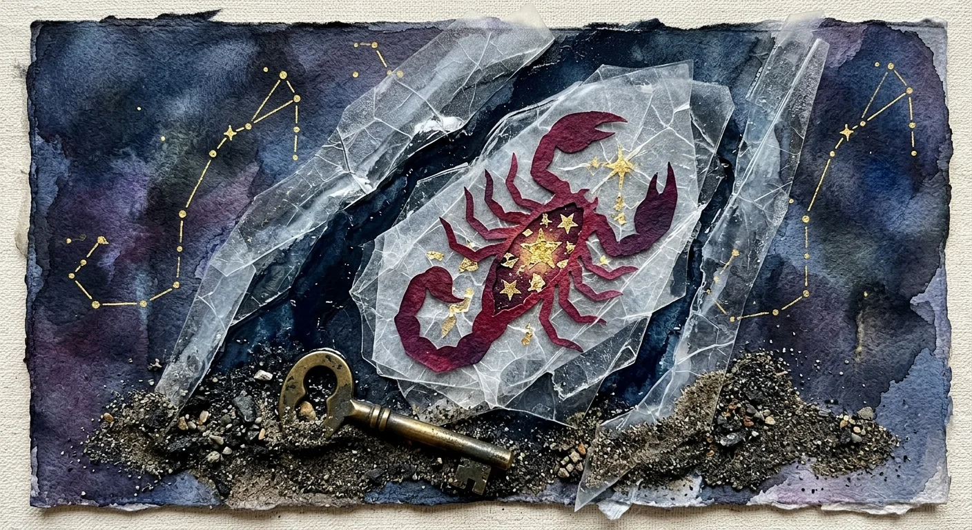 A dark mixed media collage of a crimson paper scorpion encased in thick layers of translucent ice, set against a midnight blue sky.