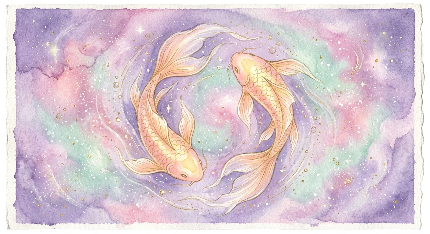 A dreamy watercolor and gouache illustration of two fish swimming in a circular path through a soft lavender and peach nebula.