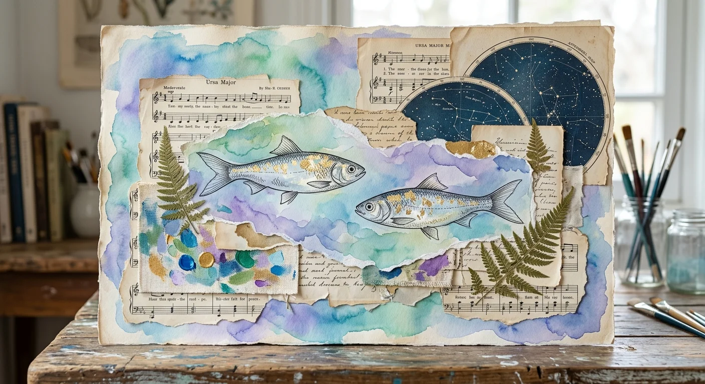 A dreamy watercolor and paper collage featuring two sketched fish, sheet music, and gold leaf accents.