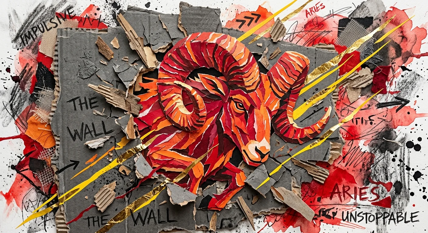 A dynamic paper collage of a red and gold ram bursting through a textured grey wall, surrounded by energetic ink splatters.