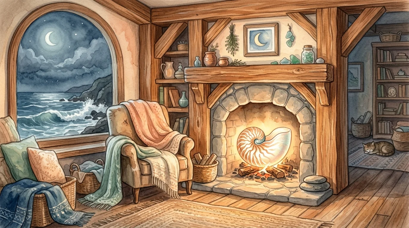 A glowing pearl-like nautilus shell sits warmly inside a cozy, moonlit hearth with ocean waves in the distance.