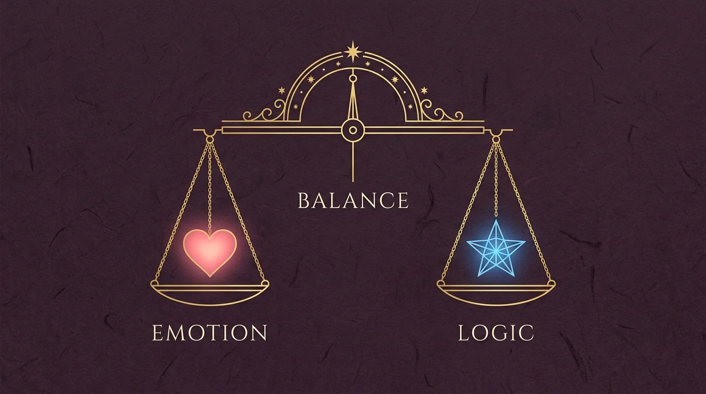 A gold celestial scale diagram balancing 'Emotion' and 'Logic' perfectly on a dark plum background.