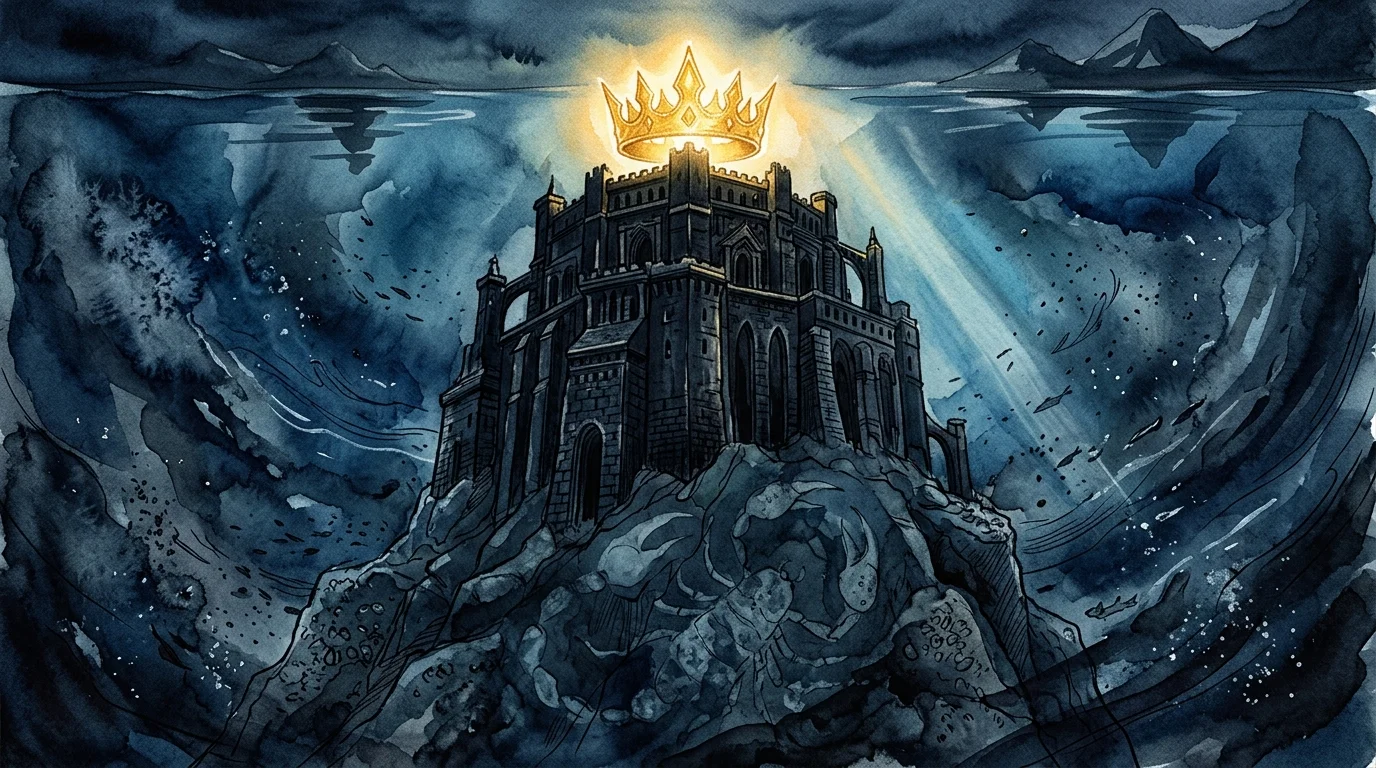 A golden crown glowing atop a dark stone fortress submerged in deep, swirling blue watercolor waves.