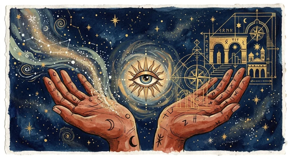 A gouache and ink illustration of two hands offering cosmic wisdom and a golden blueprint under a starry indigo sky.