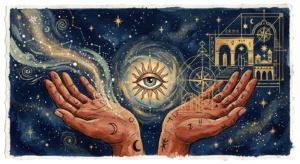 A gouache and ink illustration of two hands offering cosmic wisdom and a golden blueprint under a starry indigo sky.