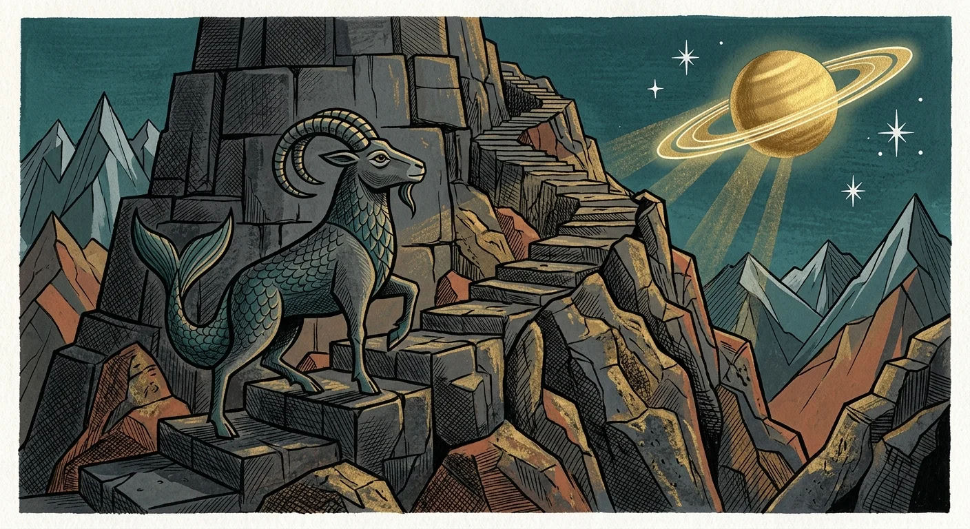 A gouache illustration of a Capricorn sea-goat climbing a structured stone mountain path under a glowing golden Saturn.