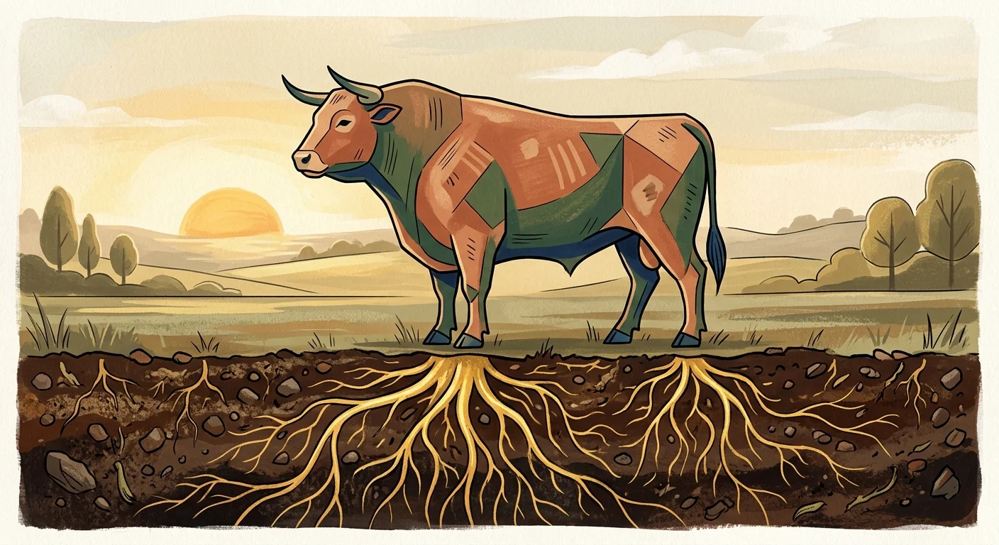 A gouache illustration of a peaceful bull standing on earth with glowing golden roots extending deep into the ground.