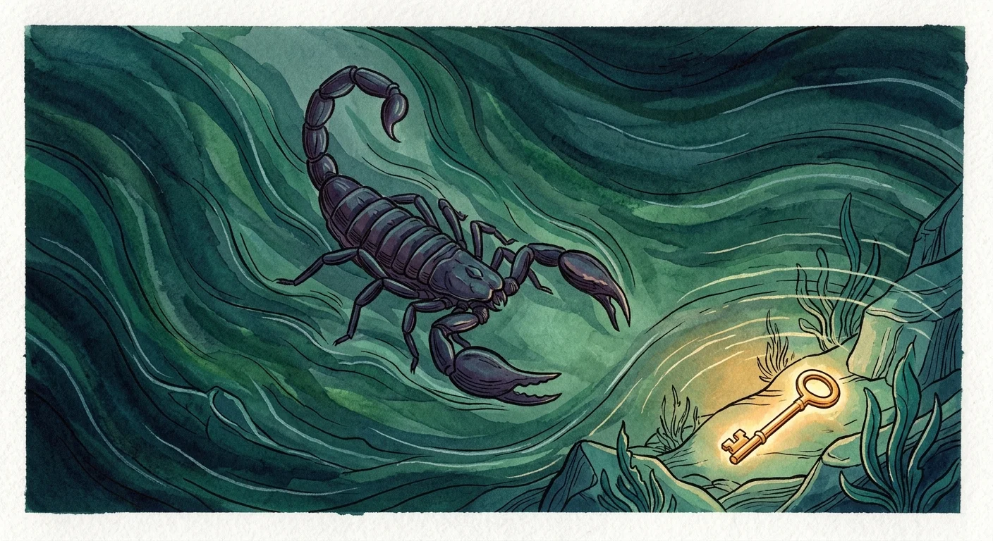 A gouache illustration of a scorpion diving into deep teal waters toward a glowing golden key of truth.