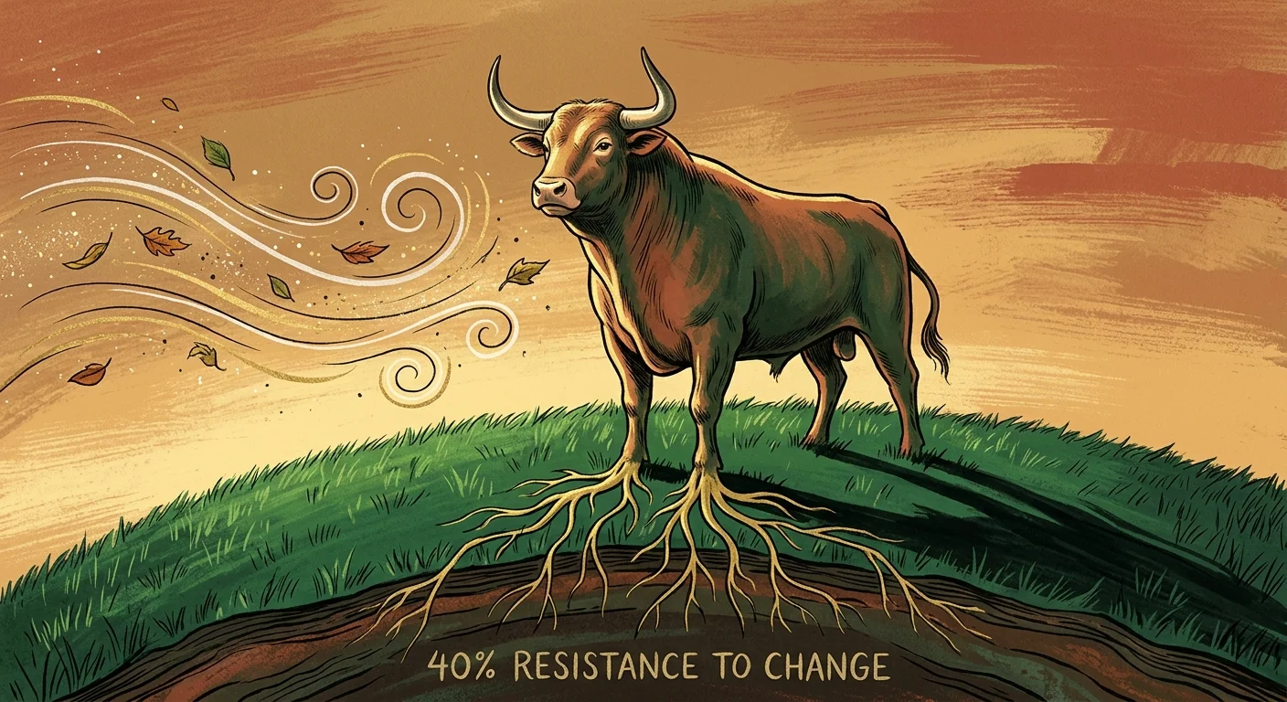 A gouache illustration of a Taurus bull with golden roots growing from its hooves into the earth, resisting a strong wind.