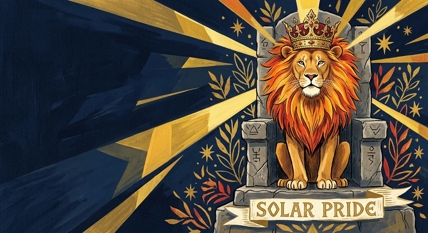 A hand-painted illustration of a proud lion wearing a golden crown, sitting on a stone throne with sunbeams radiating behind him.