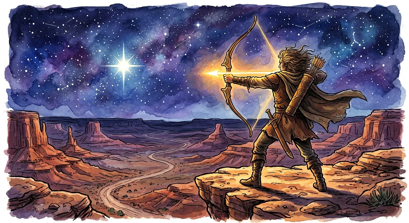 A hand-painted illustration of an archer aiming a glowing arrow at a bright star over a deep canyon landscape under a night sky.