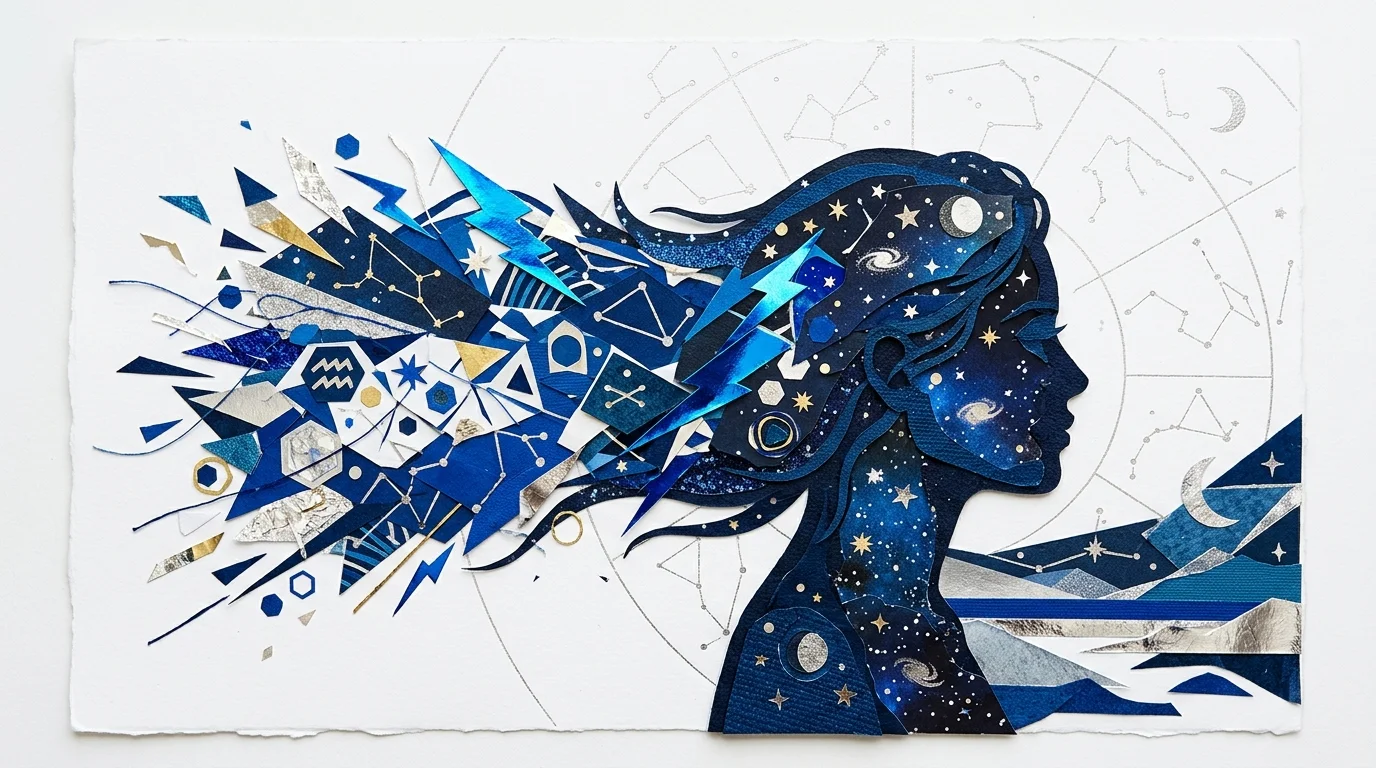 A high-contrast paper collage of a starry silhouette with geometric patterns and lightning flowing from its mind.