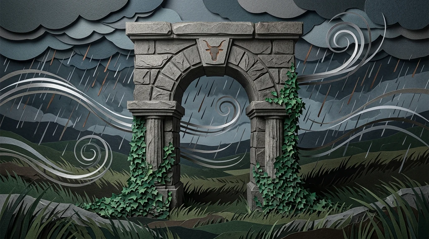 A layered paper-craft image of an ancient stone archway wrapped in ivy, standing firm amidst swirling winds.