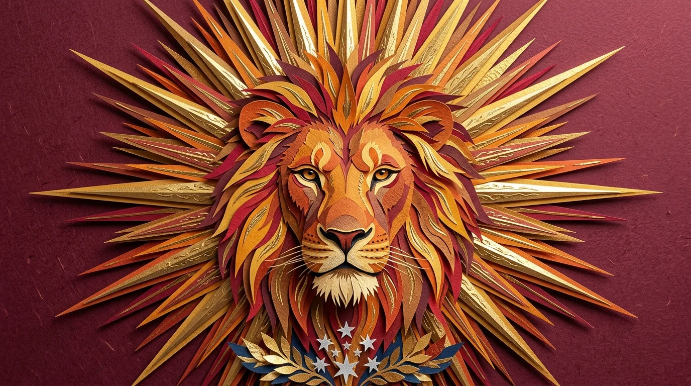 A layered paper-cut lion with a radiant gold sunburst mane, guarding a cluster of silver stars.