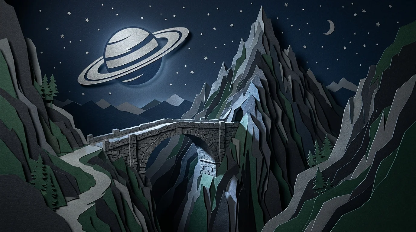 A layered paper-cut mountain peak with a sturdy stone bridge under a silver, ringed Saturn planet.