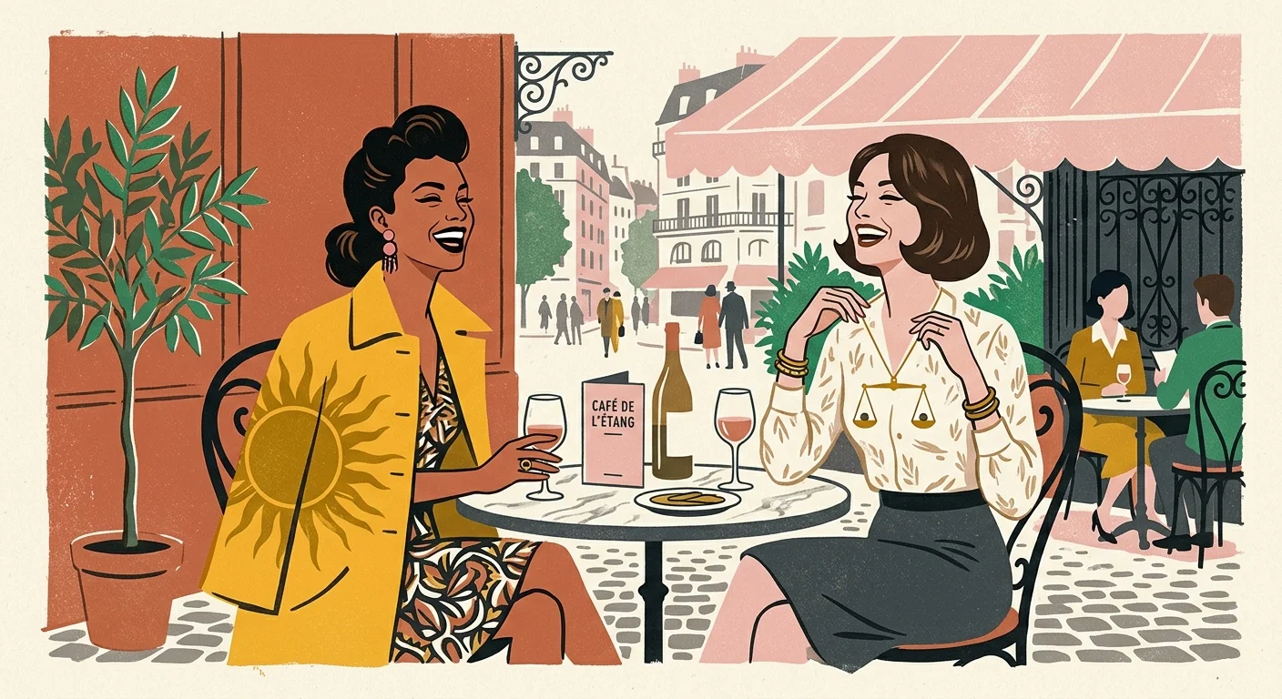 A mid-century screenprint illustration of two stylish friends laughing at an outdoor cafe under a sun and scale motif.