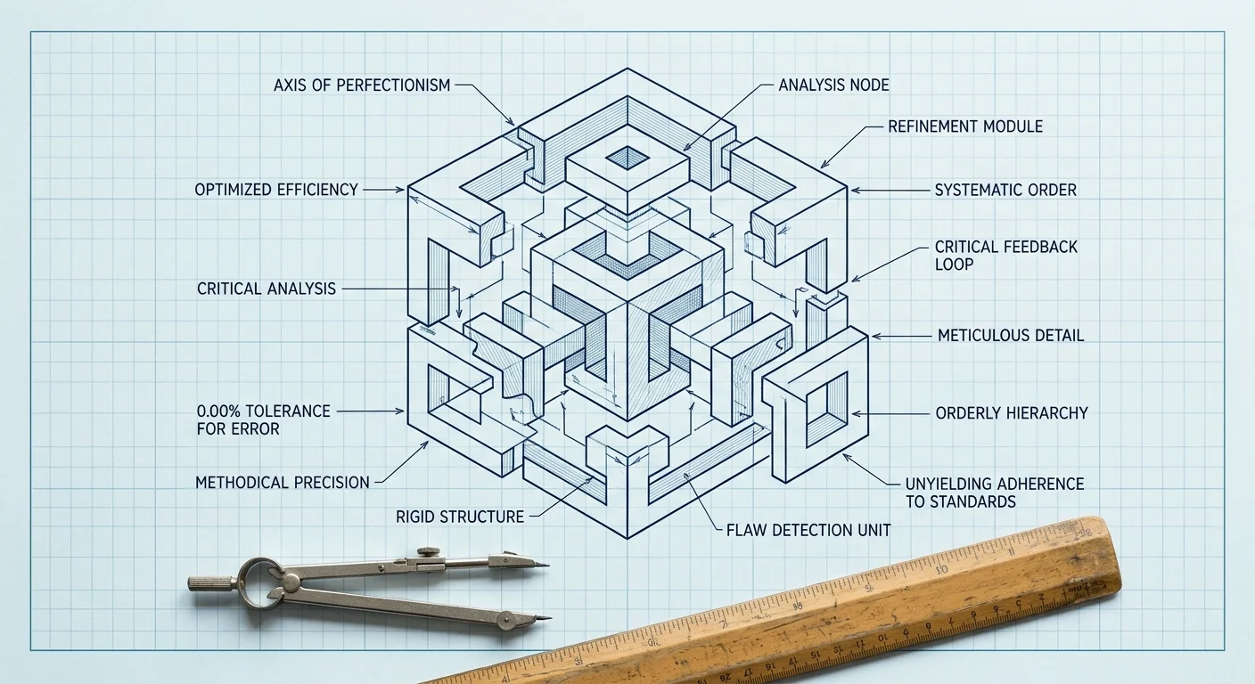 A minimalist blueprint diagram of a perfectly organized geometric puzzle, with detailed annotations and clean grid lines.