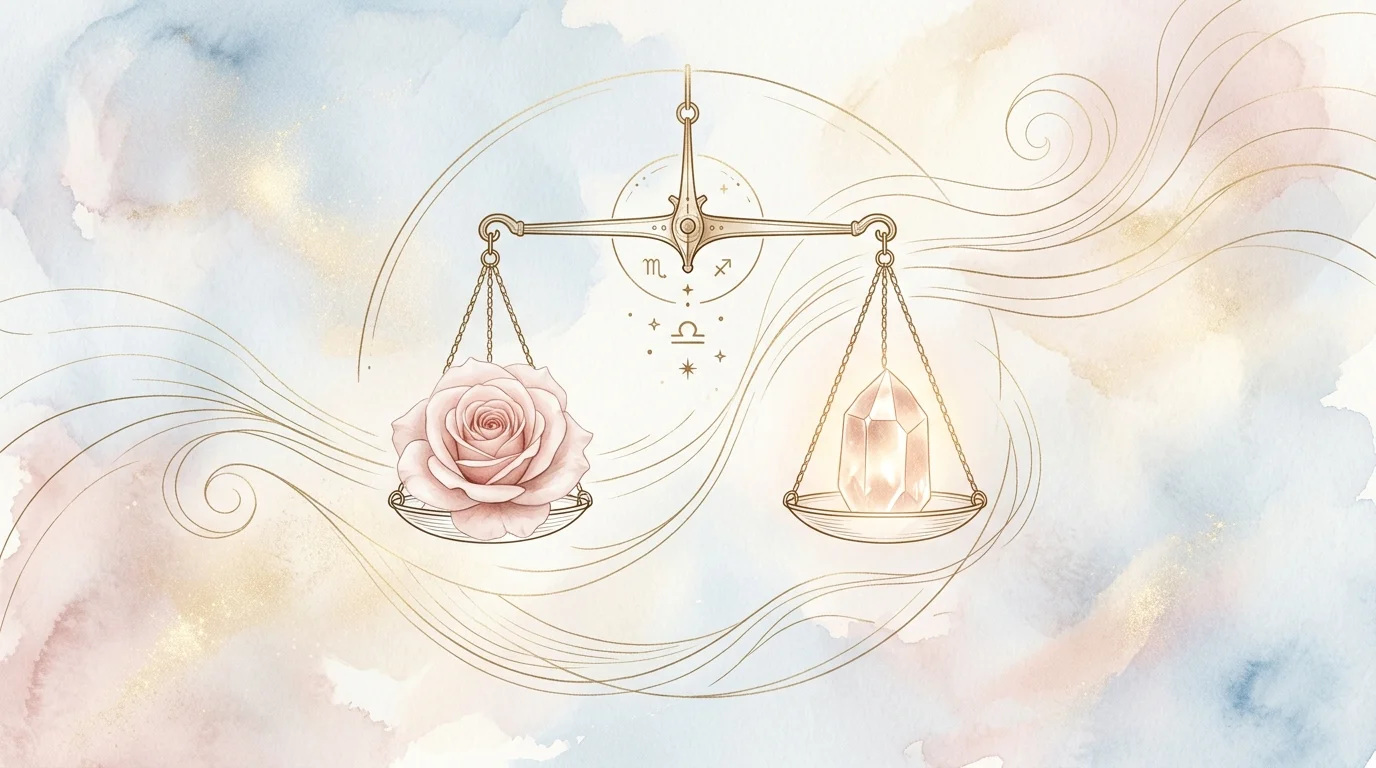 A minimalist golden scale balancing a pink rose and a quartz crystal over soft blue and pink watercolor washes.