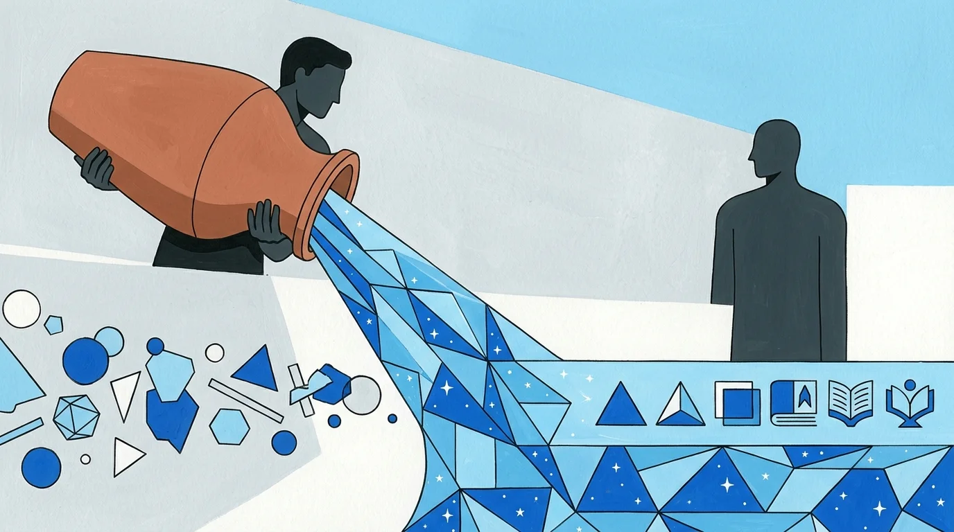A minimalist gouache illustration of a figure pouring a geometric stream of starlit water that organizes chaotic shapes below.