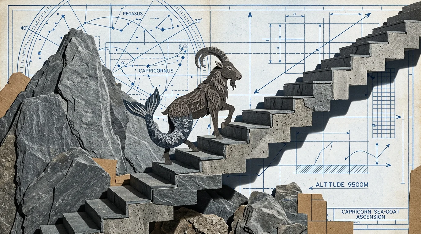 A mixed media collage of a Capricorn sea-goat climbing a solid stone staircase against a blue celestial blueprint background.