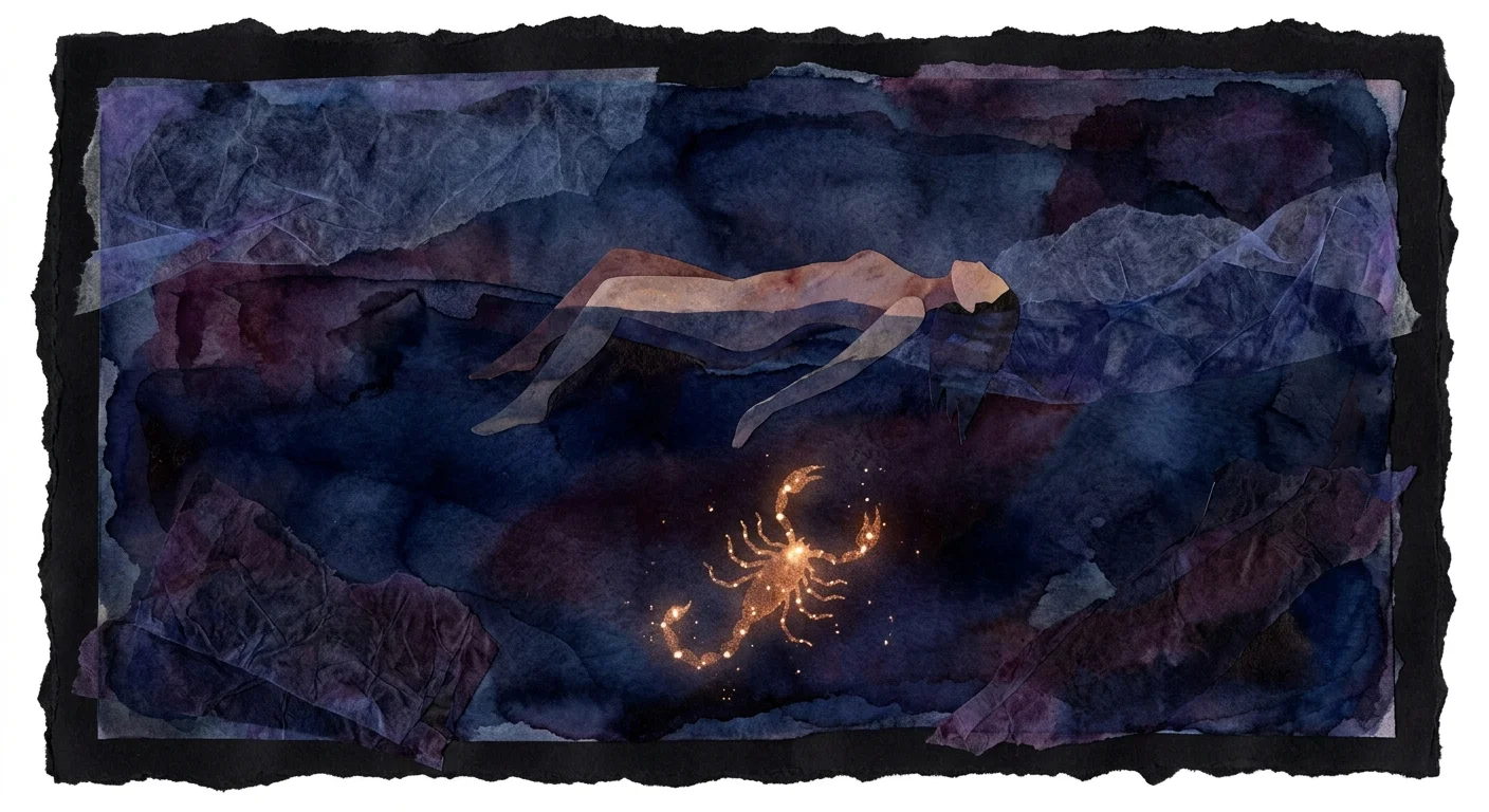 A mixed-media collage of a figure floating in deep indigo paper-cut waters beneath a glowing scorpion constellation.