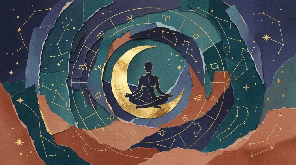 A mixed-media collage of a figure meditating in a golden crescent moon surrounded by celestial star charts and textured blue paper.