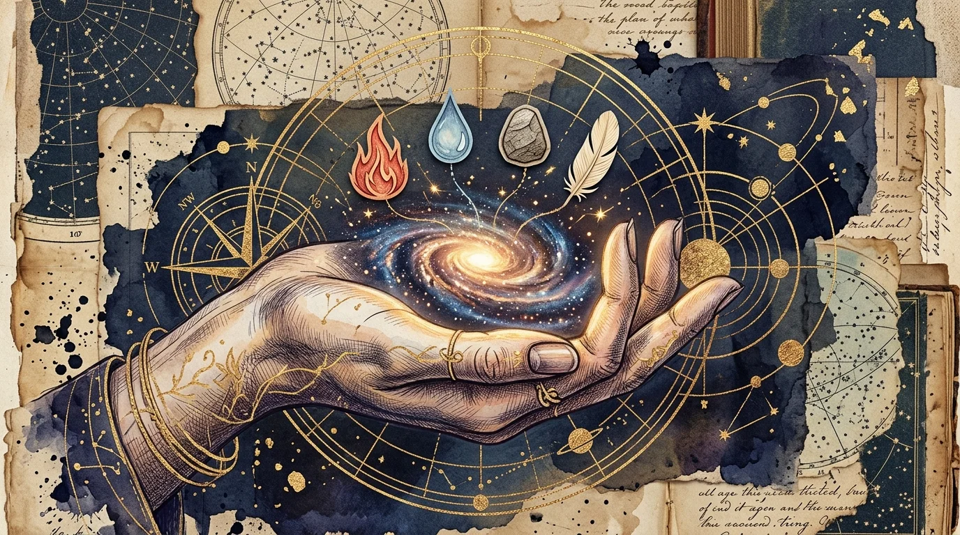 A mixed media collage of a hand cradling a galaxy, surrounded by elemental symbols and gold star chart lines.