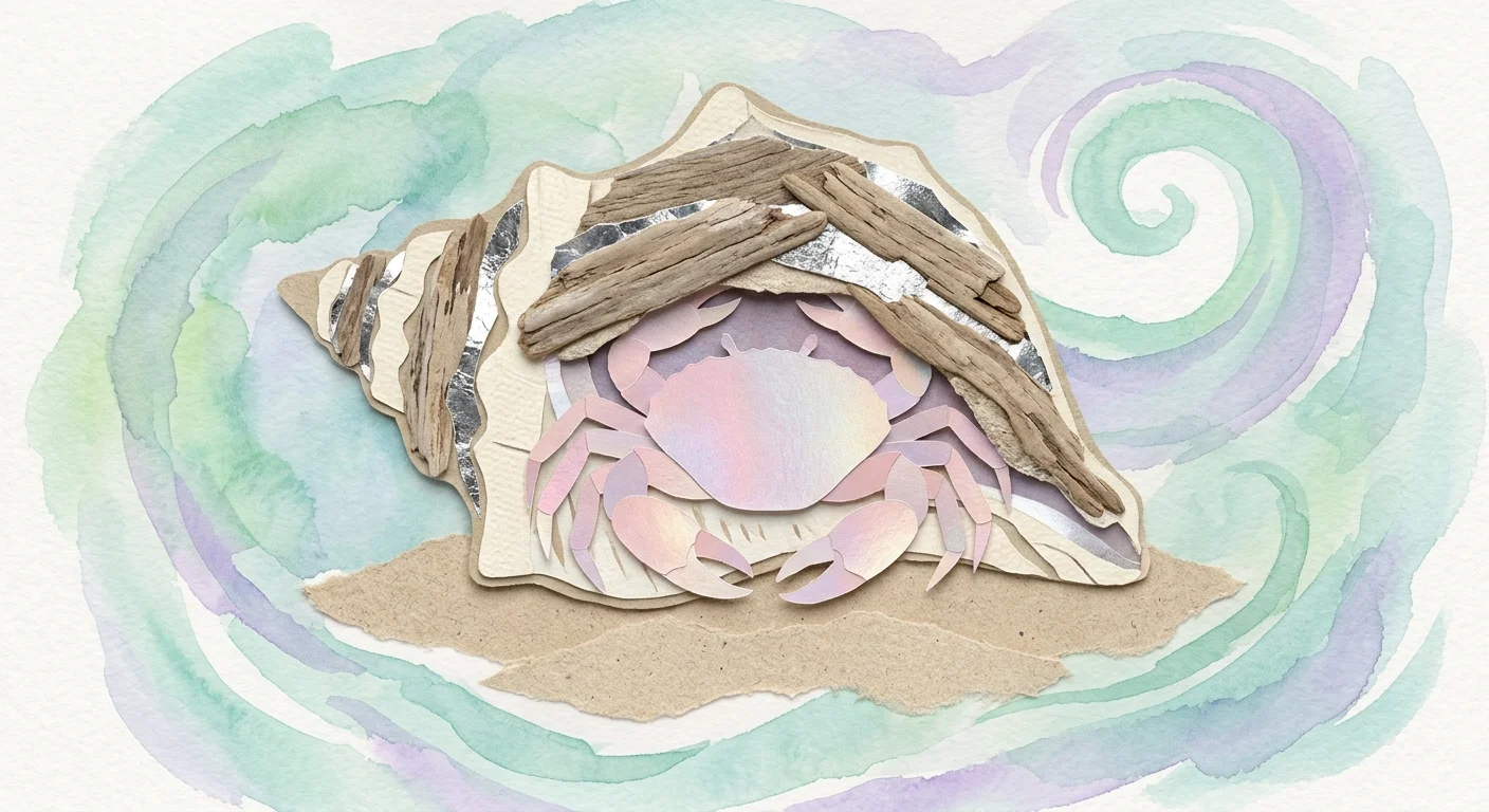 A mixed media collage of a pearl-colored crab tucked inside a sturdy silver and wood-textured spiral shell, surrounded by seafoam watercolor