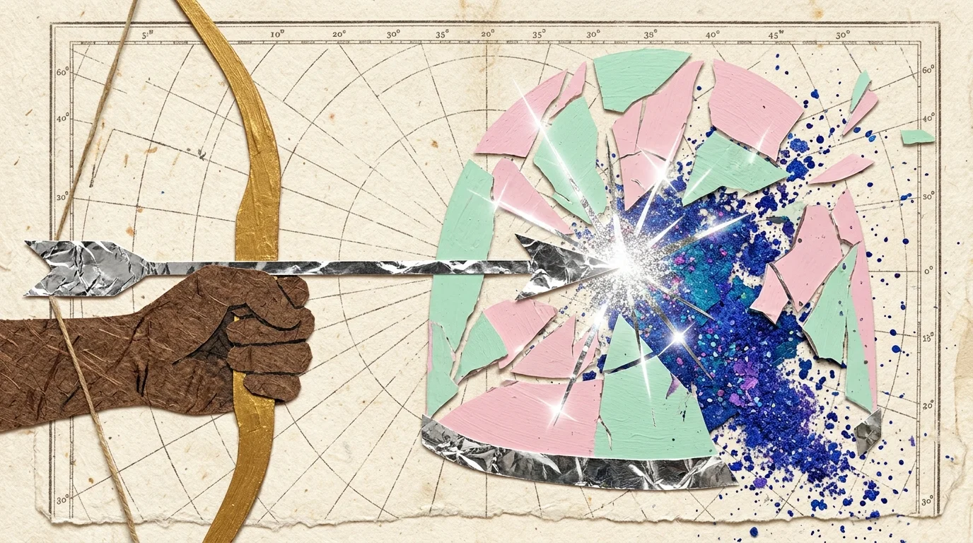 A mixed media collage of a silver arrow shattering a pastel-pink glass dome to reveal a galaxy of stardust inside.