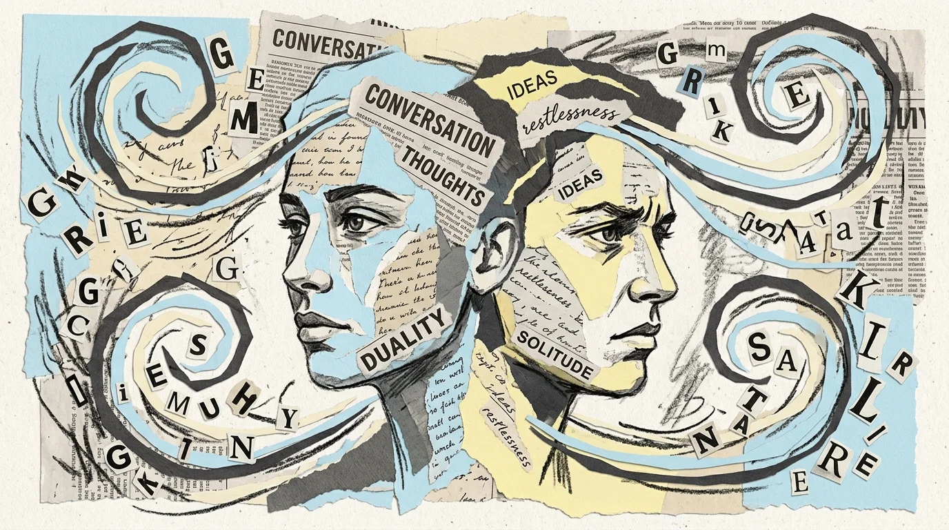 A mixed-media collage showing two overlapping paper-cut faces surrounded by swirling letters and handwritten notes.