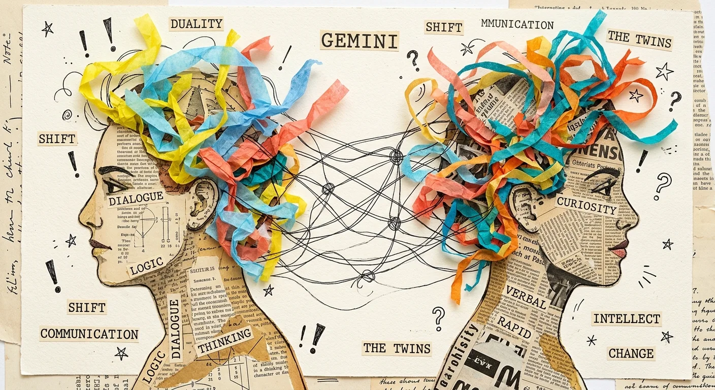 A mixed media collage showing two paper profiles facing opposite directions, connected by tangled colorful paper ribbons and text.