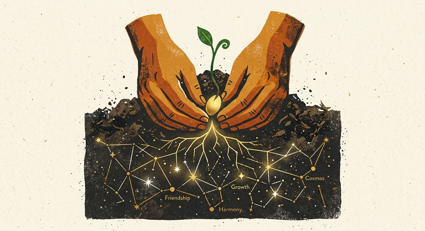 A modern screenprint illustration of hands planting a seed that grows glowing constellation roots in the soil.