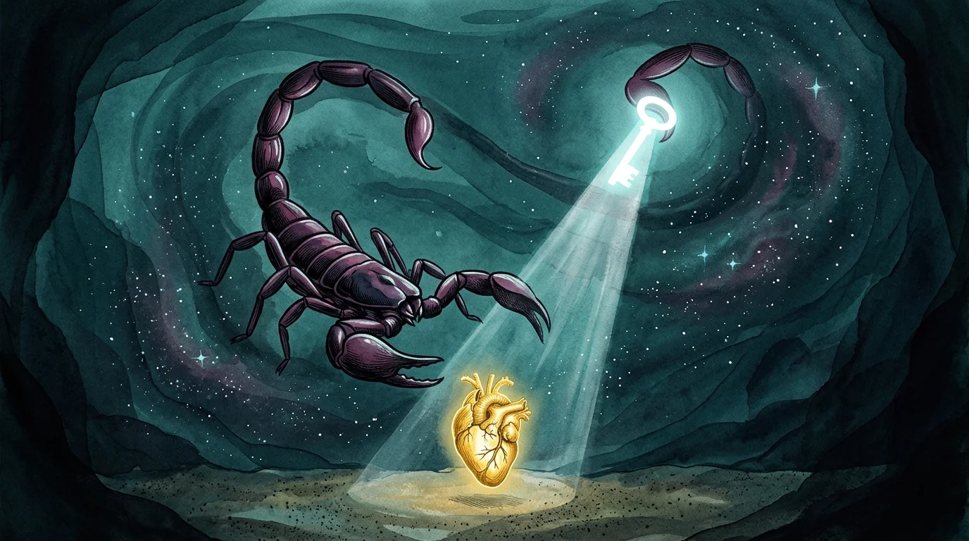 A moody gouache illustration of a dark purple scorpion underwater, using a glowing key of light to illuminate a golden heart.
