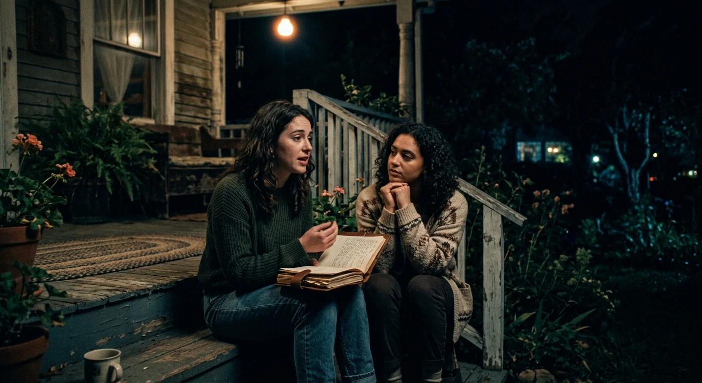 A moody nighttime photograph of two friends sharing secrets on a wooden porch step under a warm light.