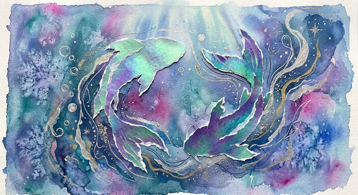 A mystical mixed media collage of two iridescent paper fish swimming in a circular current of deep blue and violet watercolors.