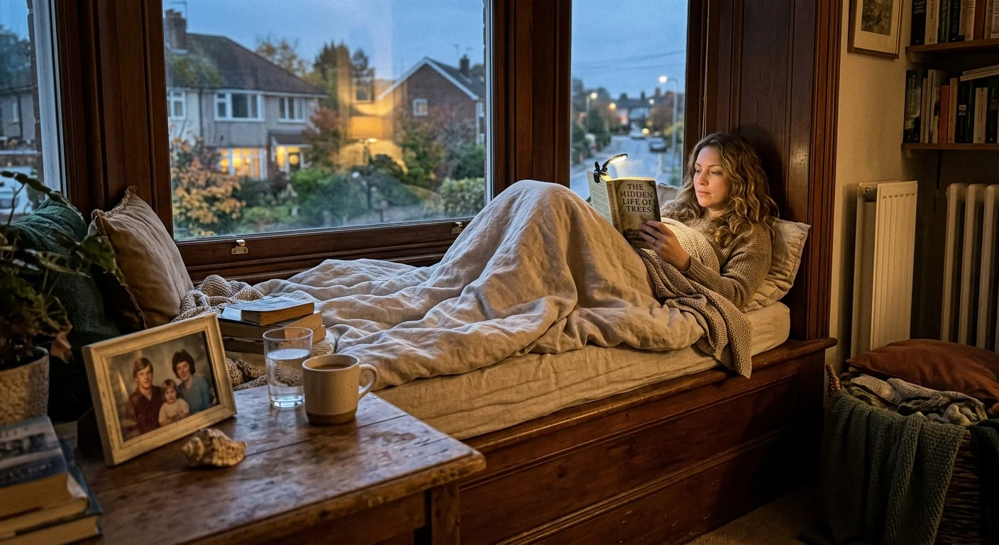 A quiet, candid photograph of a person reading on a window seat at dusk, wrapped in a soft linen sheet.