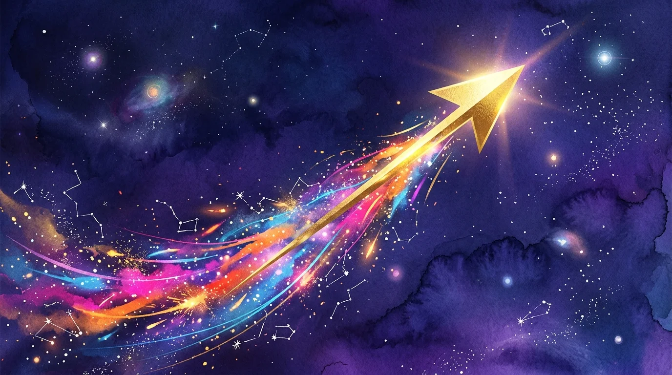 A sleek golden arrow shooting diagonally upward into a spacious violet cosmos, leaving a trail of bright sparks.