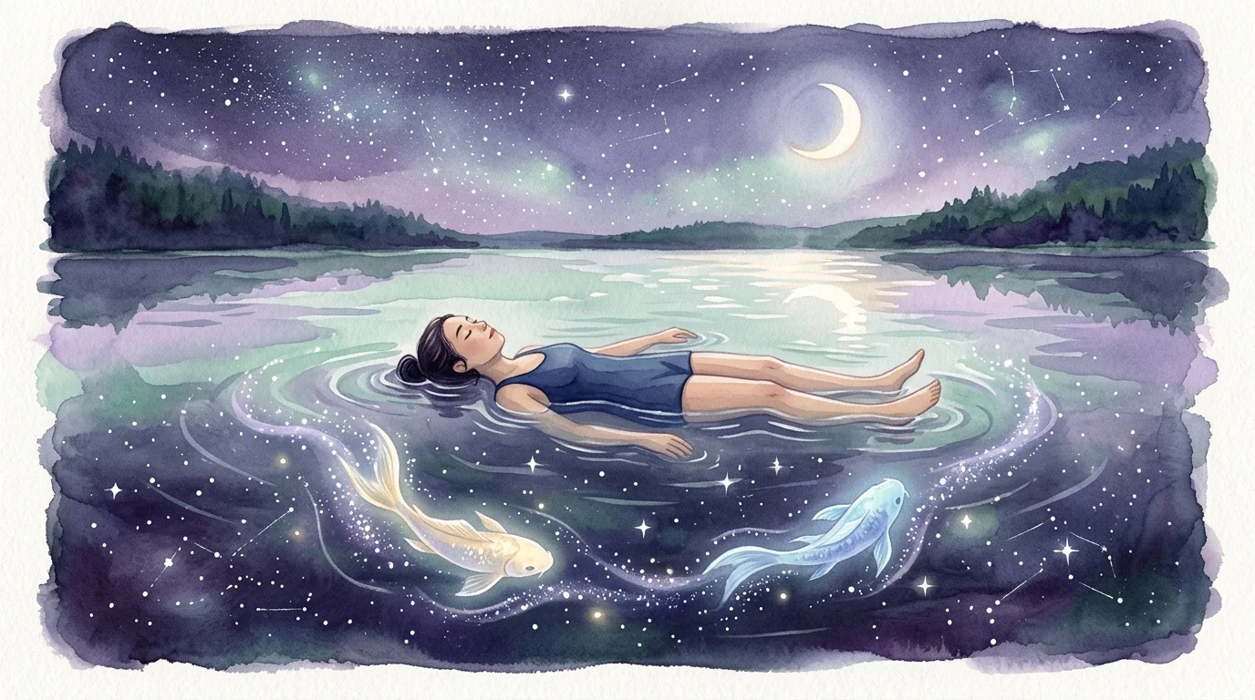 A soft watercolor illustration of a person floating in a starry lake with two glowing koi fish swimming beneath.