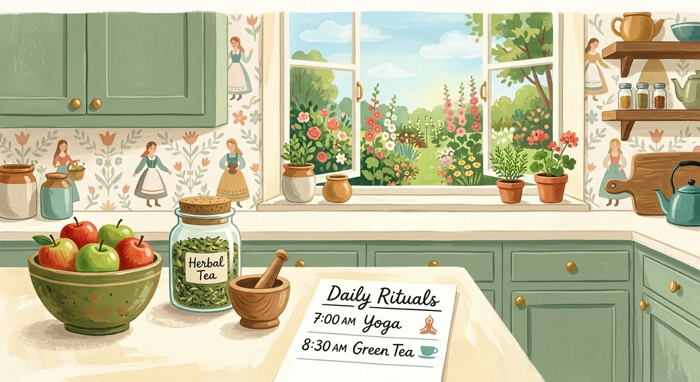 A stylized gouache illustration of an organized kitchen counter with fresh fruit, herbal tea, and a daily wellness schedule.