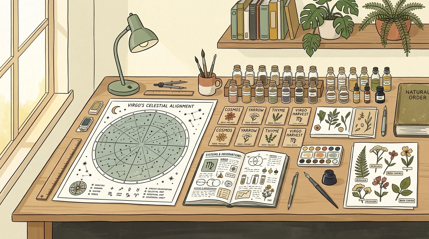 A stylized gouache illustration of an organized wooden desk filled with botanical specimens, seed packets, and celestial maps.