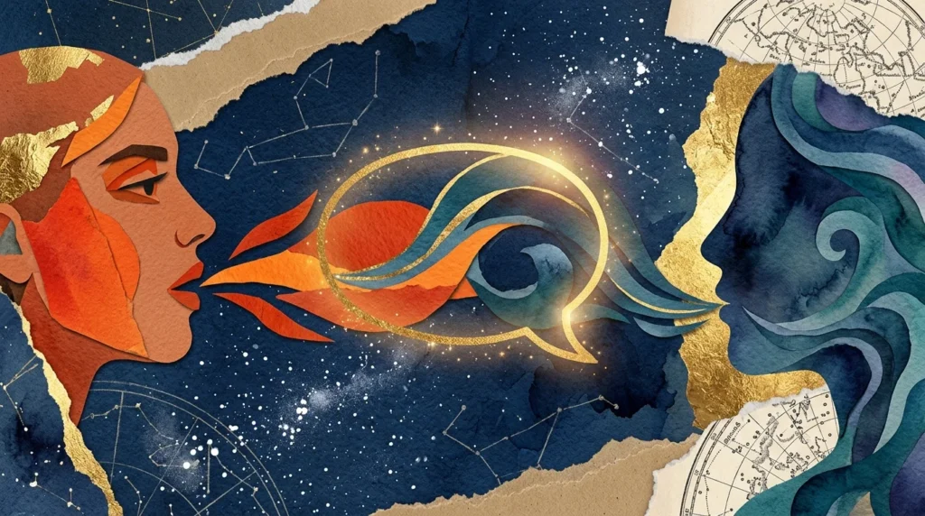 A stylized mixed media collage of two profiles representing direct and subtle communication styles meeting under a starry, cosmic sky.