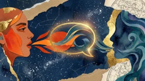 A stylized mixed media collage of two profiles representing direct and subtle communication styles meeting under a starry, cosmic sky.
