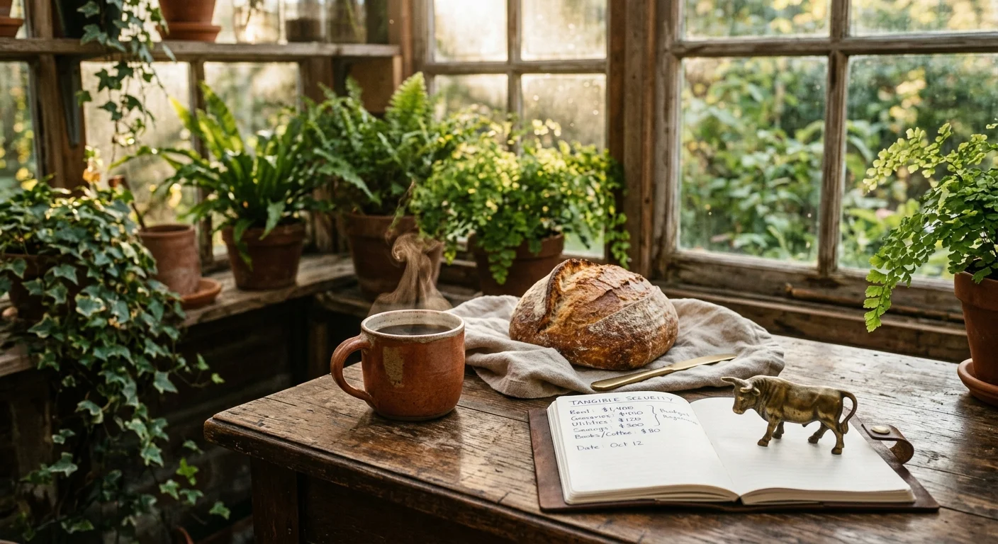A sunlit greenhouse table with a steaming coffee mug, fresh bread, a leather notebook, and a small brass bull paperweight.